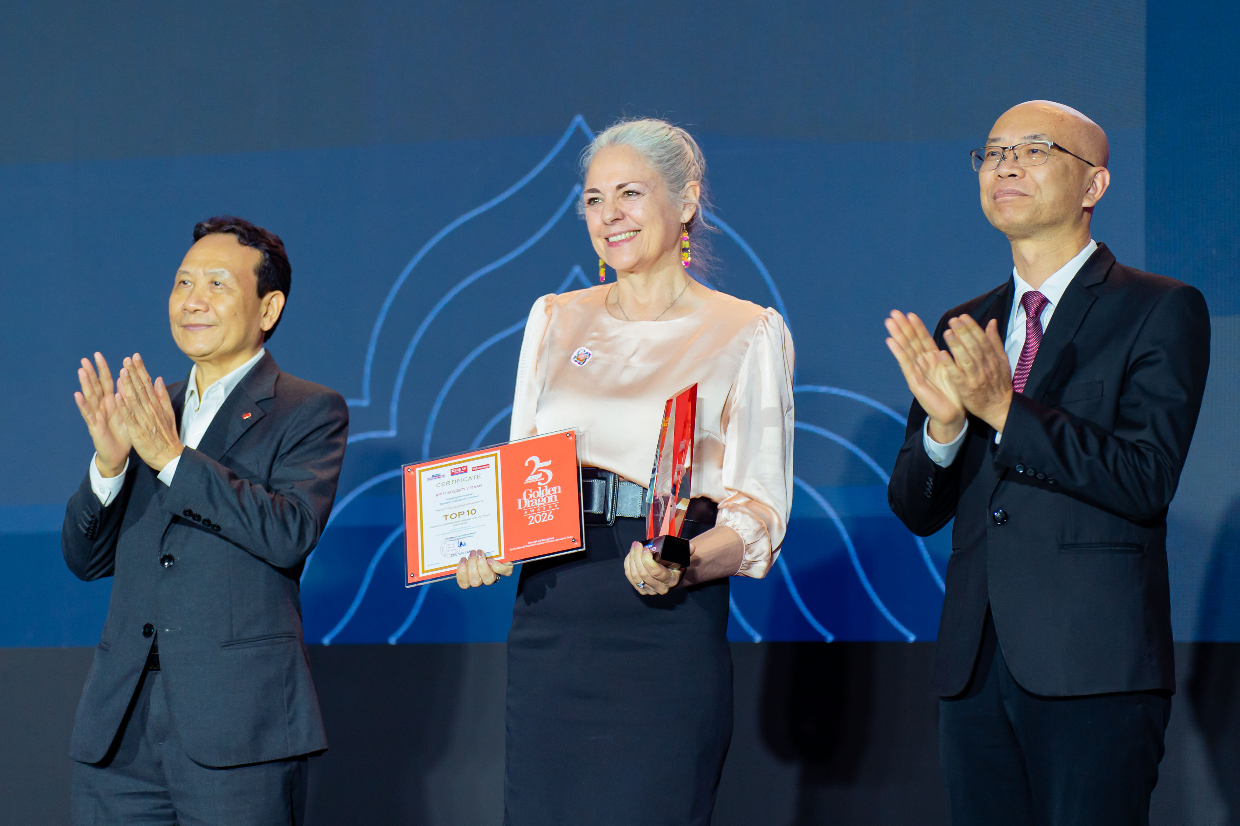 Ms Jodie Altan (Associate Pro Vice-Chancellor, Engagement) accepted the Golden Dragon Award on behalf of RMIT Vietnam in Hanoi on 13 May. (Photo: Vietnam Economic Times)